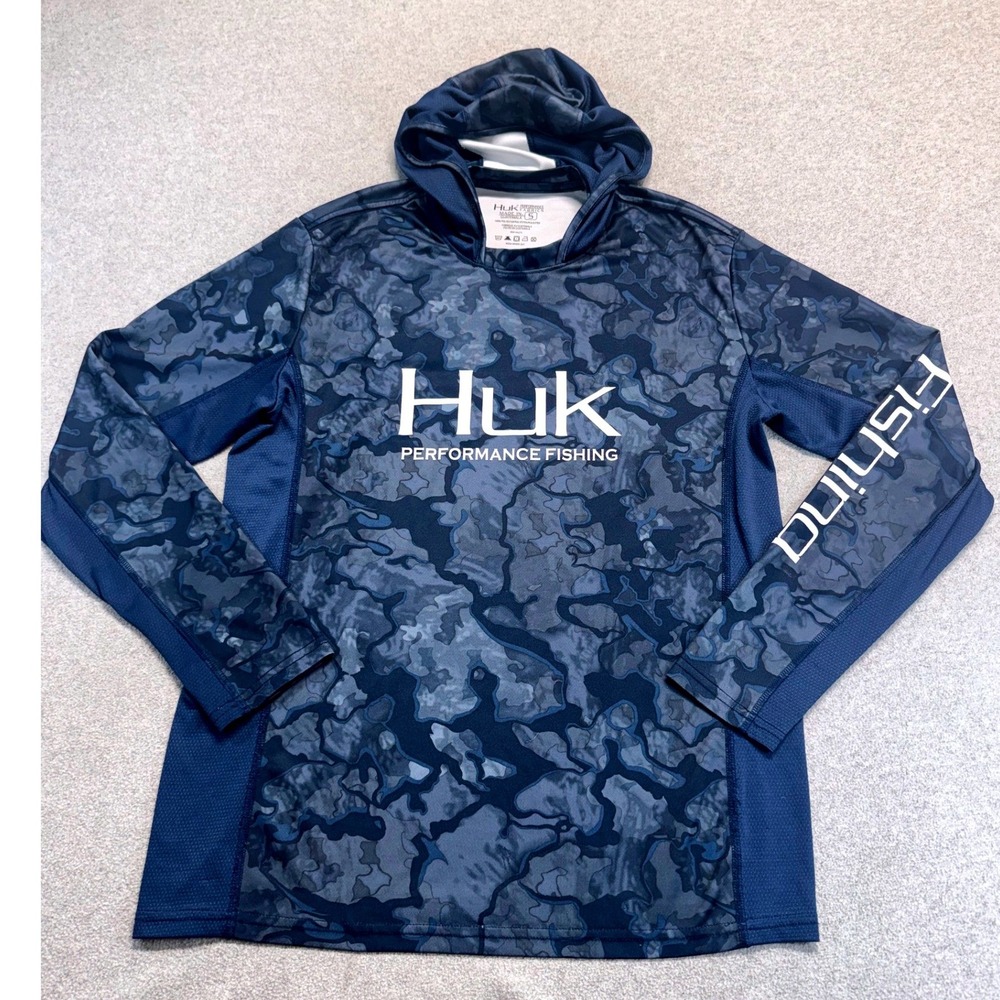 Huk Performance Fishing Hoodie Blue Camo UPF Sun Shirt Long Sleeve Size S Summer